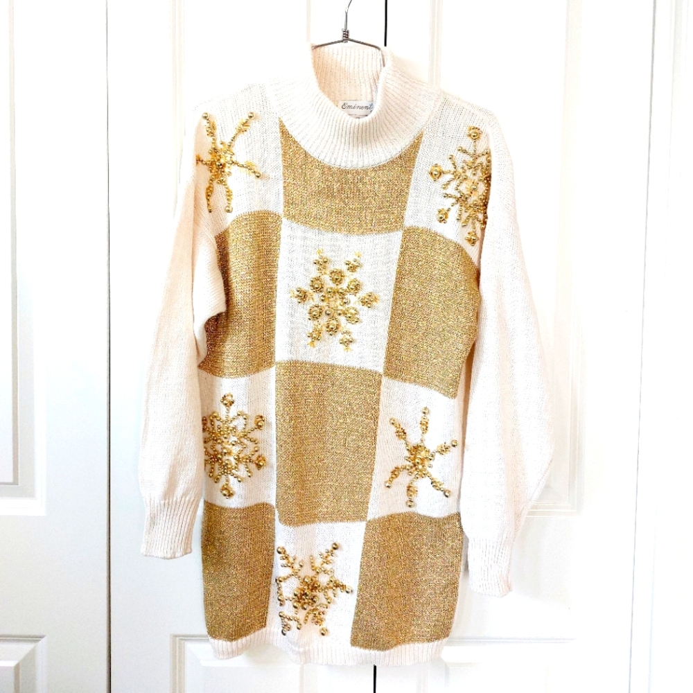 Gold and Cream Snowflake Turtleneck‎ Sweater size Medium Eminent Vintage